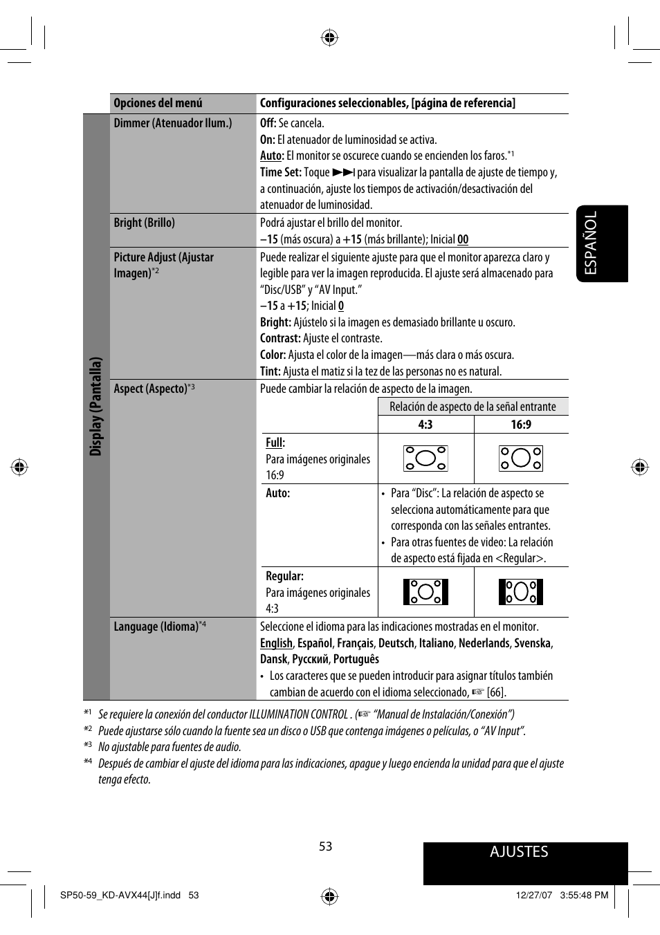 Ajustes, Español, Display (pantalla) | JVC KD-ADV49 User Manual | Page 127 / 225