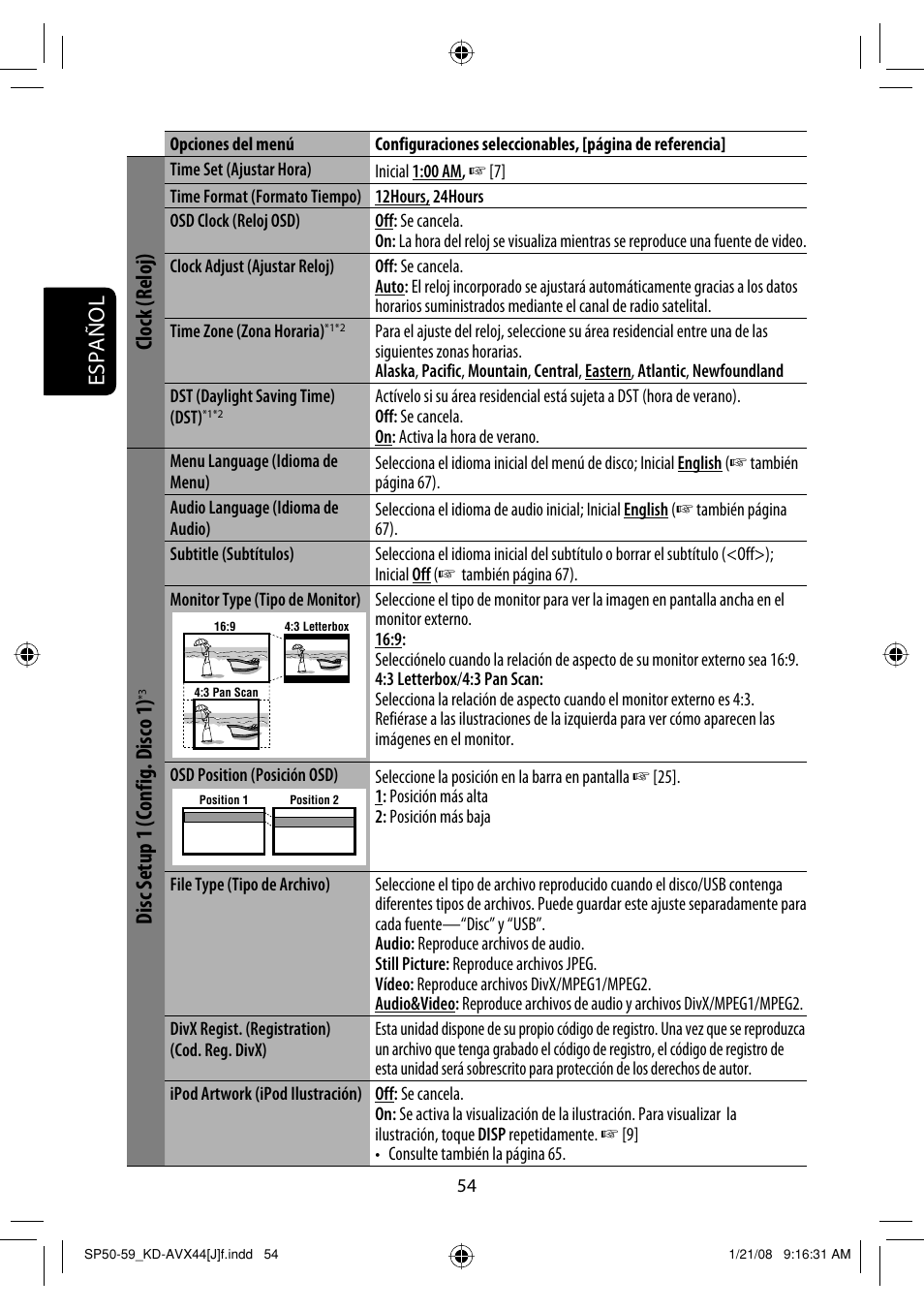 Español, Clock (reloj), Disc setup 1 (config. disco 1) | JVC KD-ADV49 User Manual | Page 128 / 225