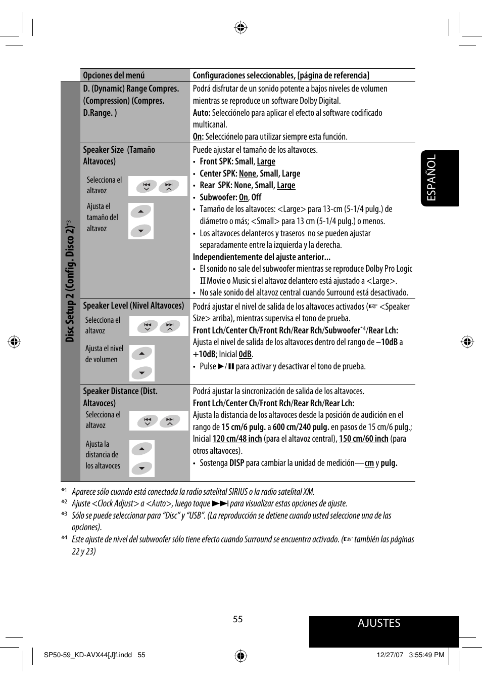 Ajustes, Español, Disc setup 2 (config. disco 2) | JVC KD-ADV49 User Manual | Page 129 / 225