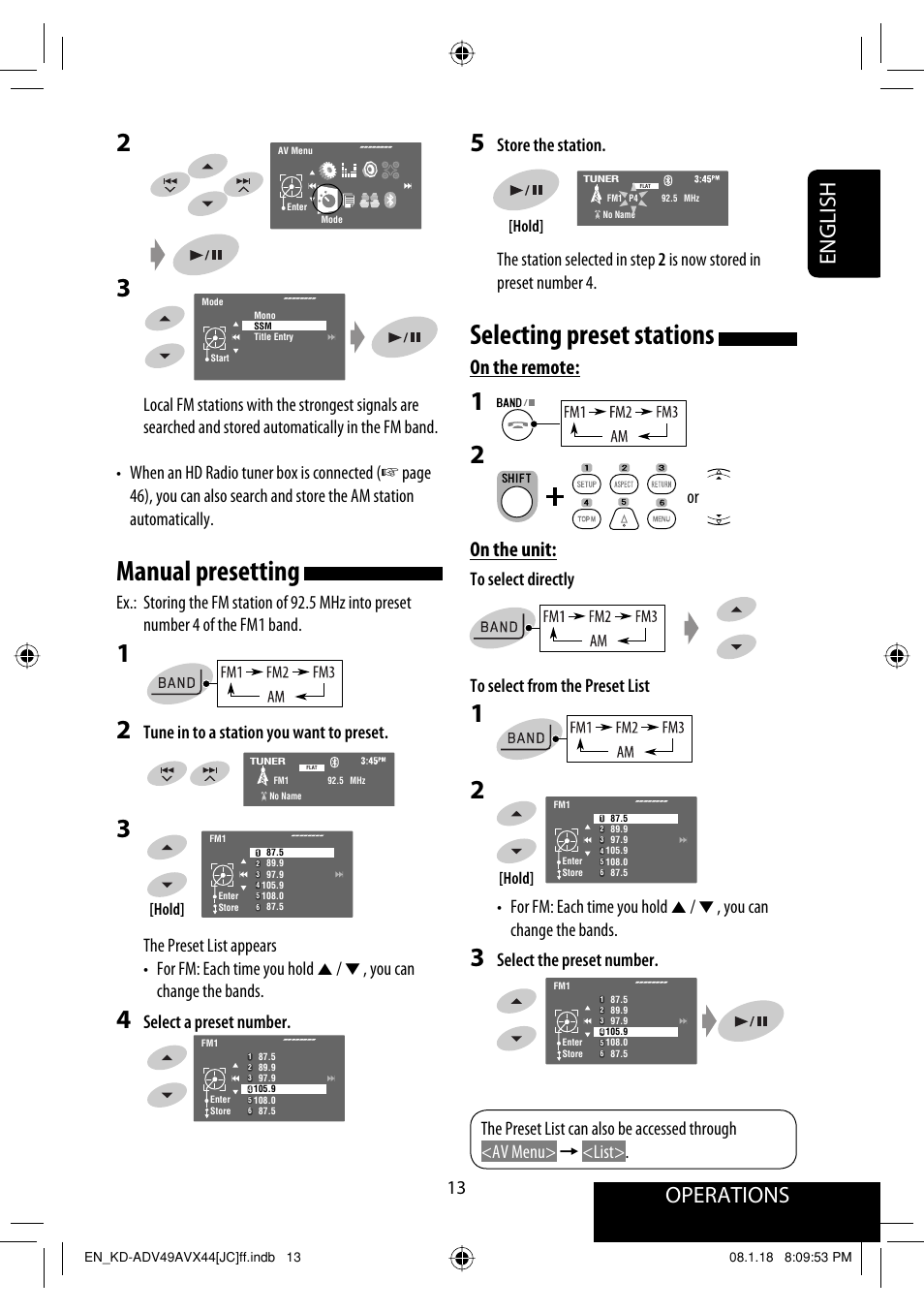 Manual presetting, Selecting preset stations, Operations | English, On the remote, On the unit, Tune in to a station you want to preset, Select a preset number, Select the preset number | JVC KD-ADV49 User Manual | Page 13 / 225