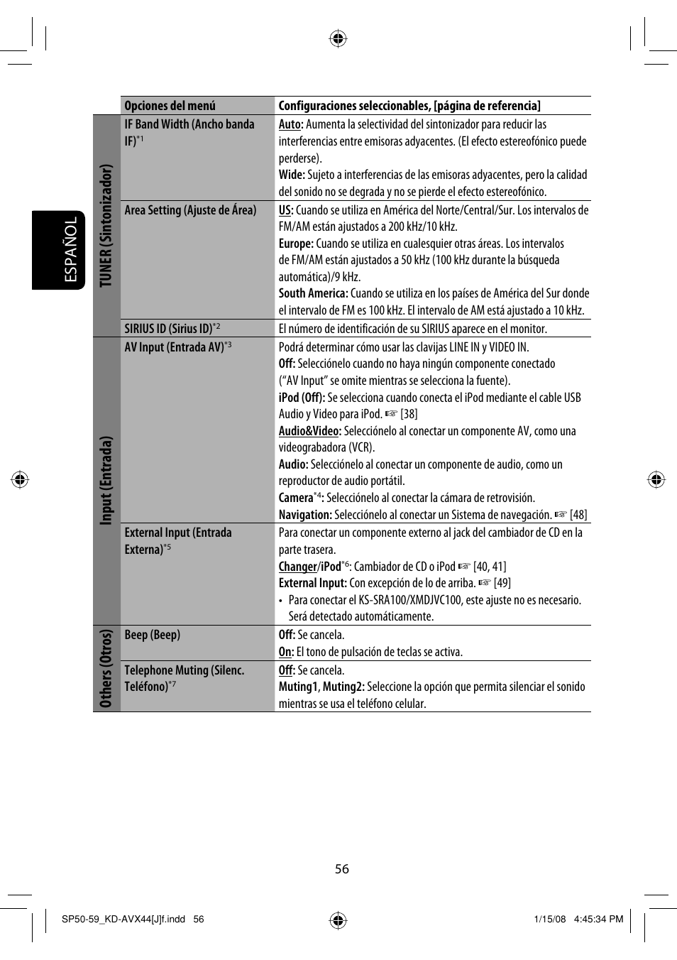 Español, Tuner (sintonizador), Input (entrada) | Others (otros) | JVC KD-ADV49 User Manual | Page 130 / 225