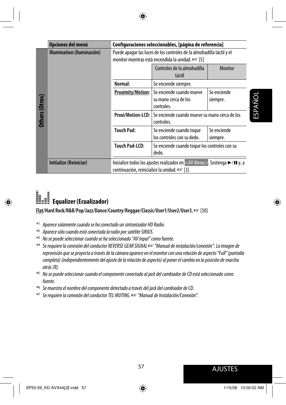 Ajustes, Español, Others (otros) | Equalizer (ecualizador) | JVC KD-ADV49 User Manual | Page 131 / 225