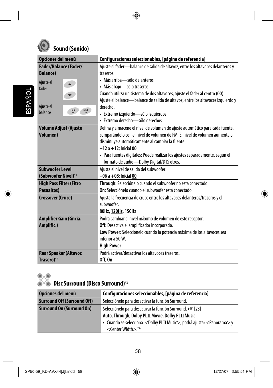 Español sound (sonido), Disc surround (disco surround) | JVC KD-ADV49 User Manual | Page 132 / 225