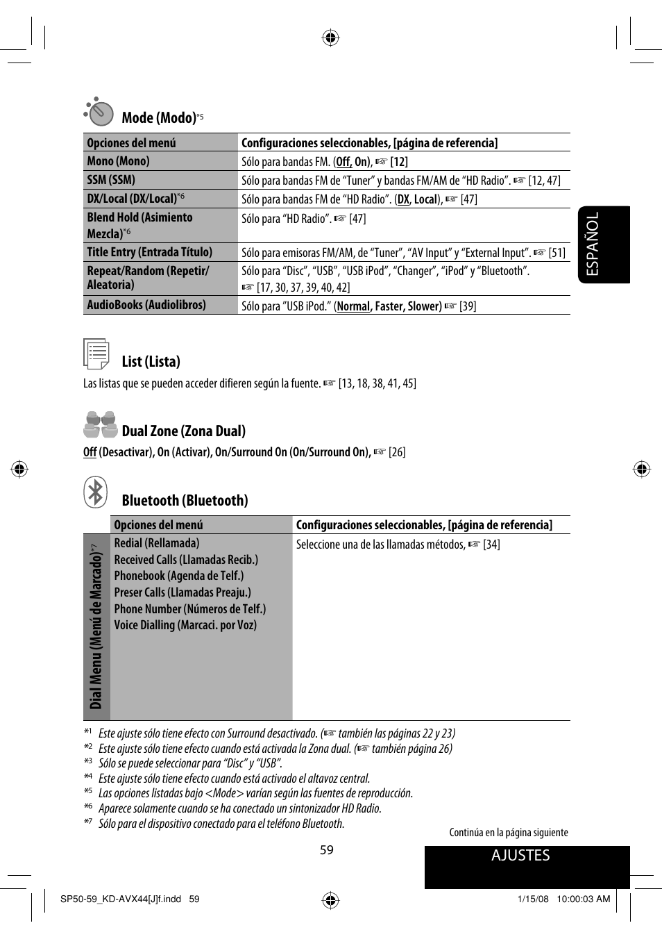 Ajustes, Español mode (modo), List (lista) | Dual zone (zona dual), Bluetooth (bluetooth), Dial menu ( menú de marcado) | JVC KD-ADV49 User Manual | Page 133 / 225