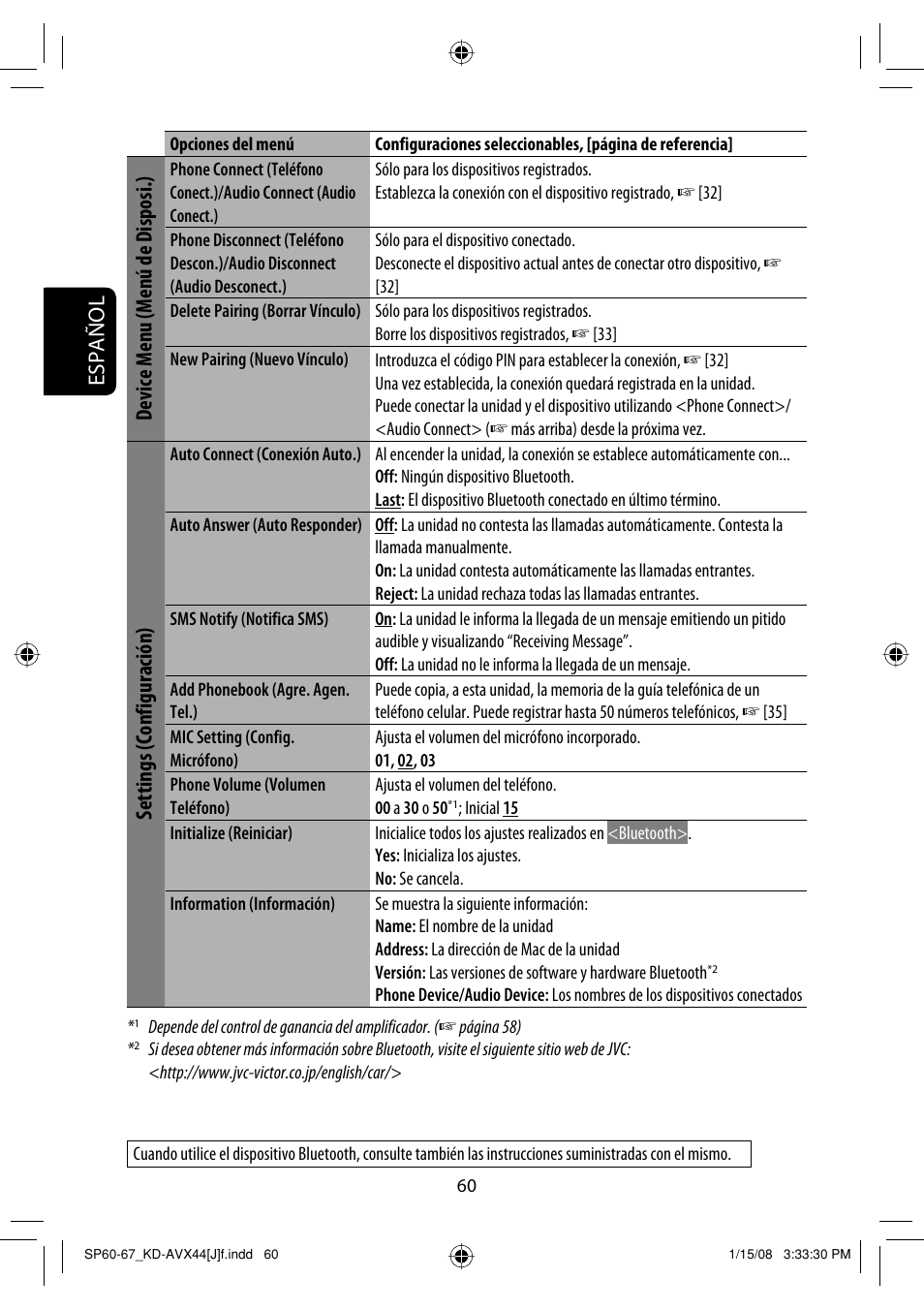 Español, Device menu (menú de disposi.), Settings (configuración) | JVC KD-ADV49 User Manual | Page 134 / 225