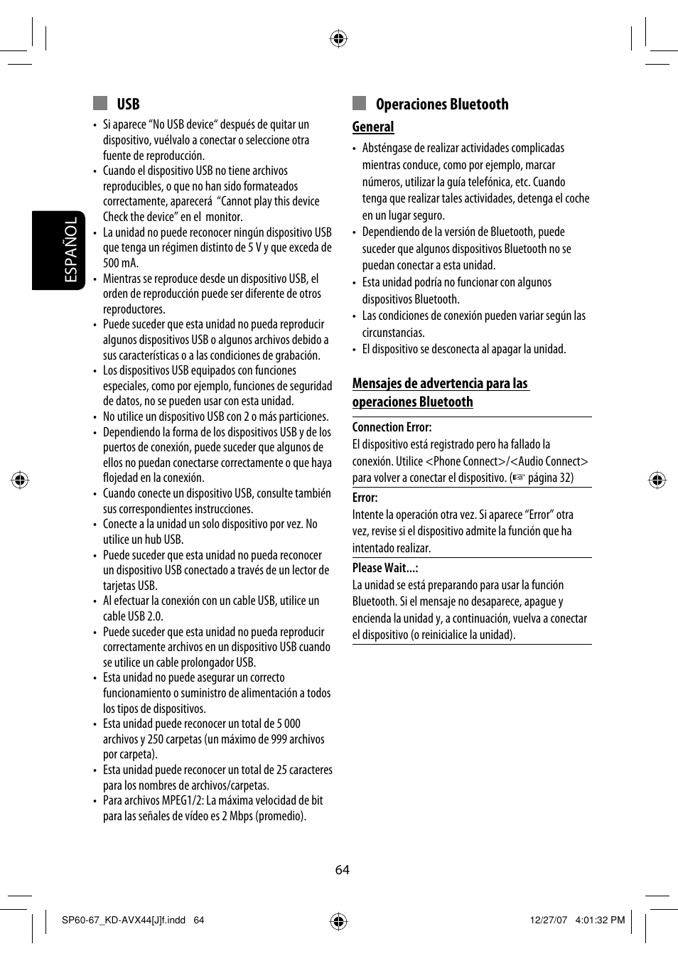 Español usb, Operaciones bluetooth | JVC KD-ADV49 User Manual | Page 138 / 225