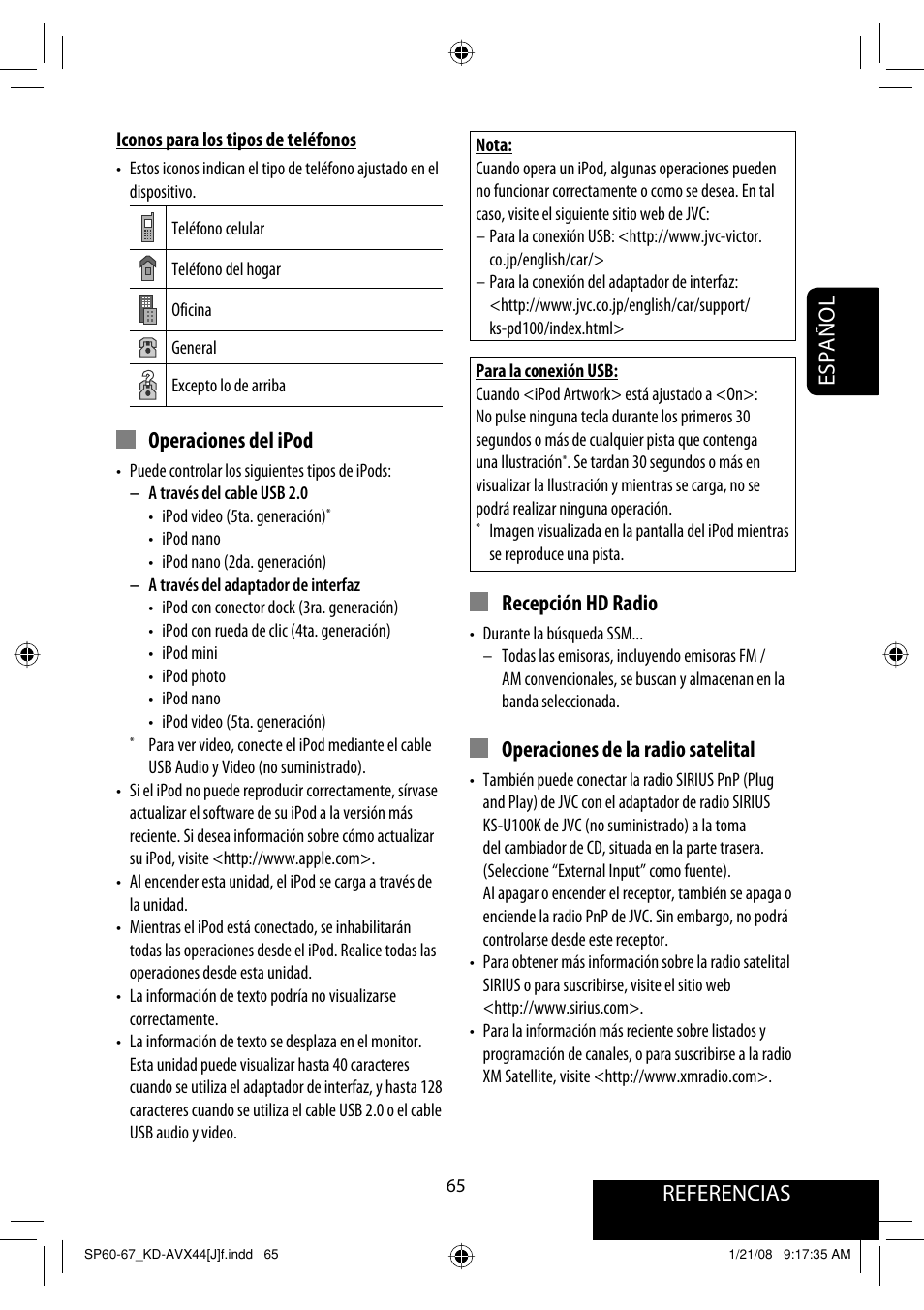Referencias español, Operaciones del ipod, Recepción hd radio | Operaciones de la radio satelital | JVC KD-ADV49 User Manual | Page 139 / 225