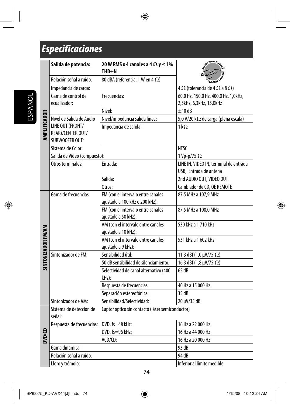 Especificaciones, Español | JVC KD-ADV49 User Manual | Page 148 / 225