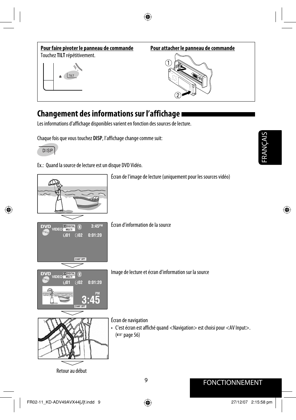 Changement des informations sur l’affichage, Fonctionnement, Français | JVC KD-ADV49 User Manual | Page 157 / 225
