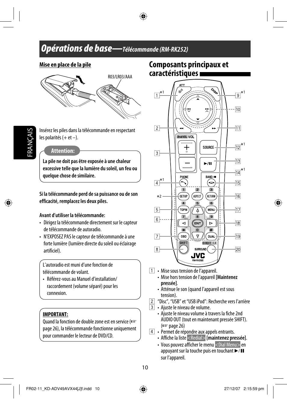 Opérations de base, Composants principaux et caractéristiques, Français | Télécommande (rm-rk252) | JVC KD-ADV49 User Manual | Page 158 / 225