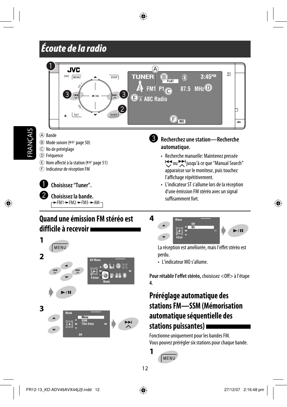 Écoute de la radio, Français | JVC KD-ADV49 User Manual | Page 160 / 225