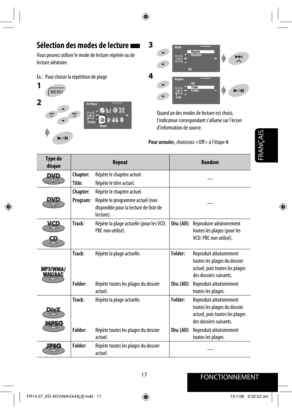 Sélection des modes de lecture, Français fonctionnement | JVC KD-ADV49 User Manual | Page 165 / 225