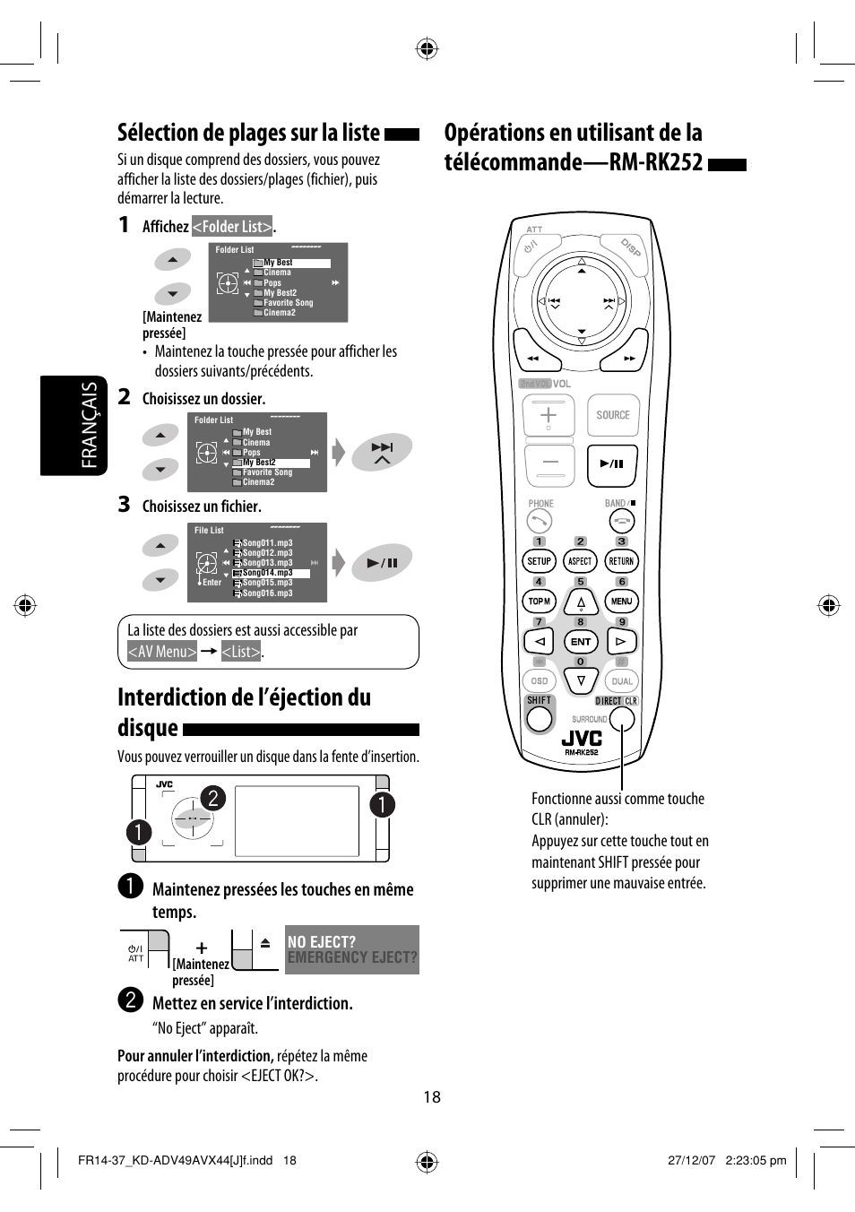 Sélection de plages sur la liste, Interdiction de l’éjection du disque, Français | JVC KD-ADV49 User Manual | Page 166 / 225