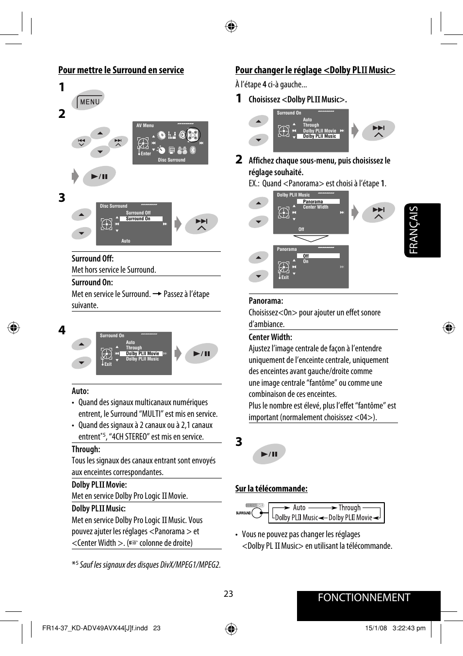 Français fonctionnement, Pour mettre le surround en service, Pour changer le réglage <dolby pl ii music | JVC KD-ADV49 User Manual | Page 171 / 225