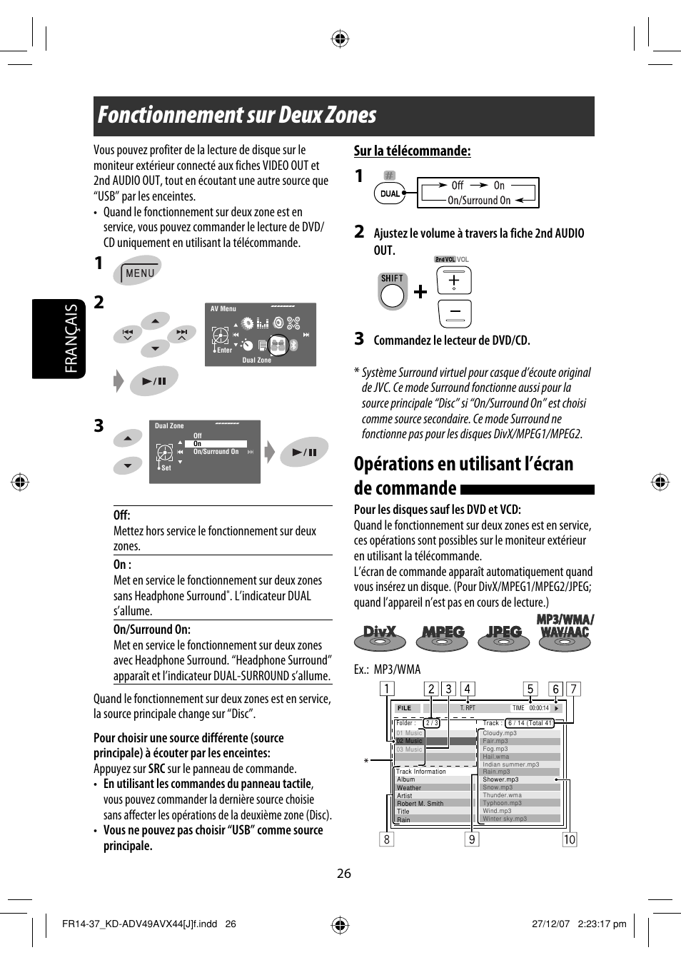 Fonctionnement sur deux zones, Opérations en utilisant l’écran de commande, Français | Sur la télécommande | JVC KD-ADV49 User Manual | Page 174 / 225