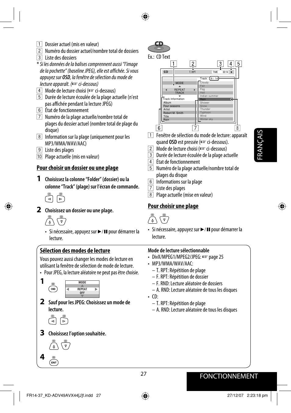 Français fonctionnement, Pour choisir une plage, Pour choisir un dossier ou une plage | Sélection des modes de lecture | JVC KD-ADV49 User Manual | Page 175 / 225