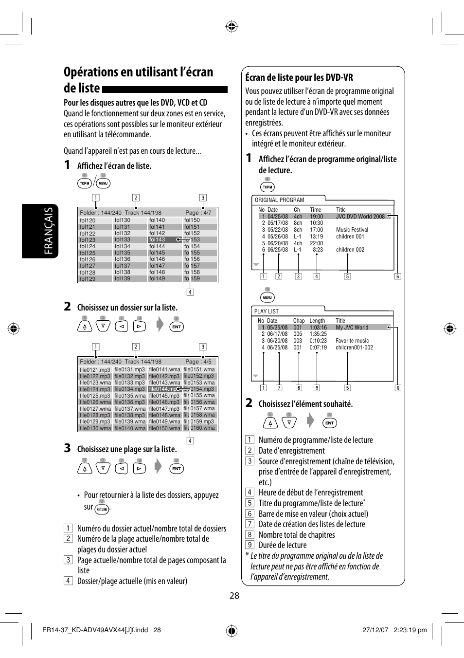 Opérations en utilisant l’écran de liste, Français, Écran de liste pour les dvd-vr | Affichez l’écran de liste, Choisissez un dossier sur la liste | JVC KD-ADV49 User Manual | Page 176 / 225