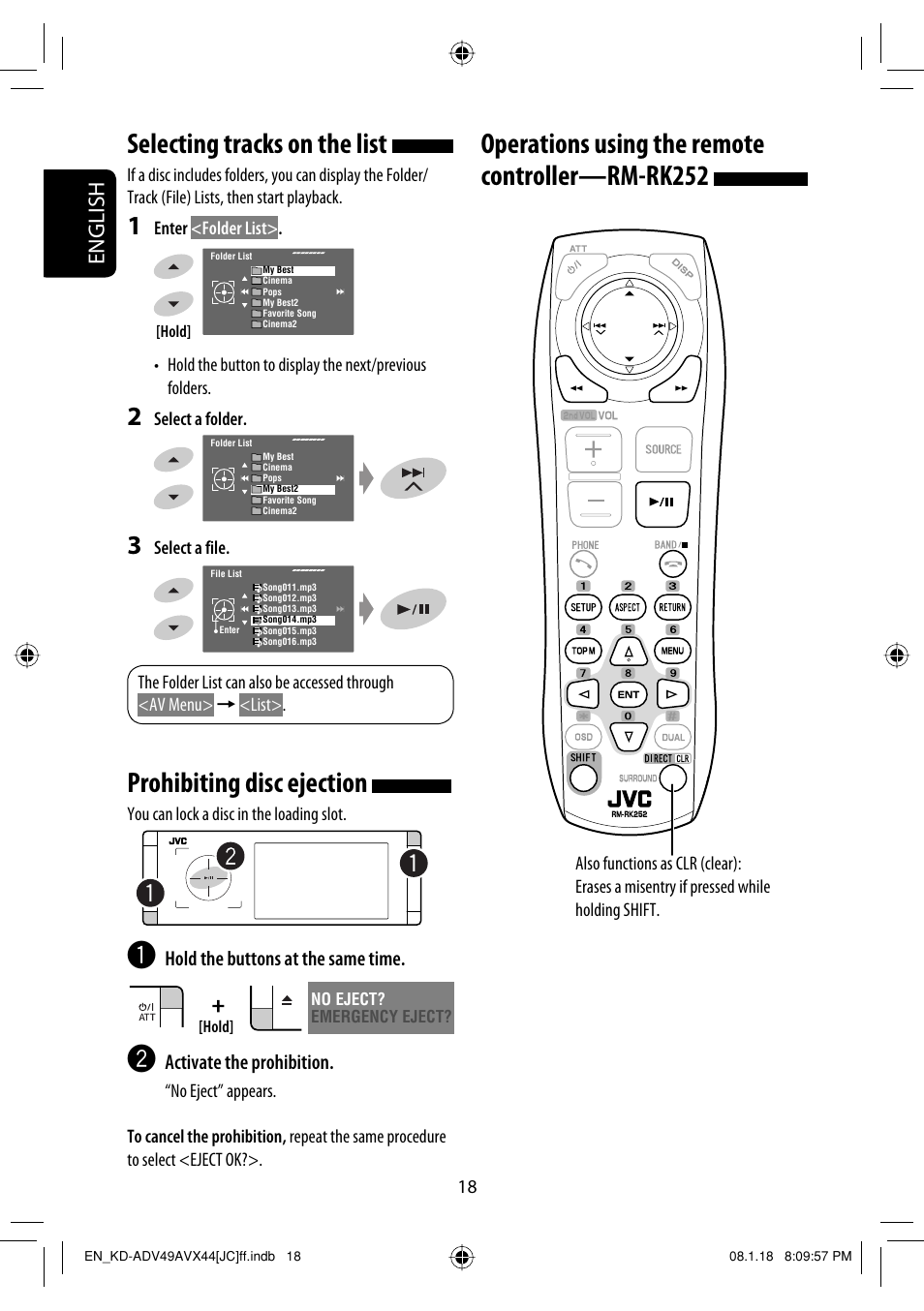 Selecting tracks on the list, Prohibiting disc ejection, Operations using the remote controller—rm-rk252 | English | JVC KD-ADV49 User Manual | Page 18 / 225