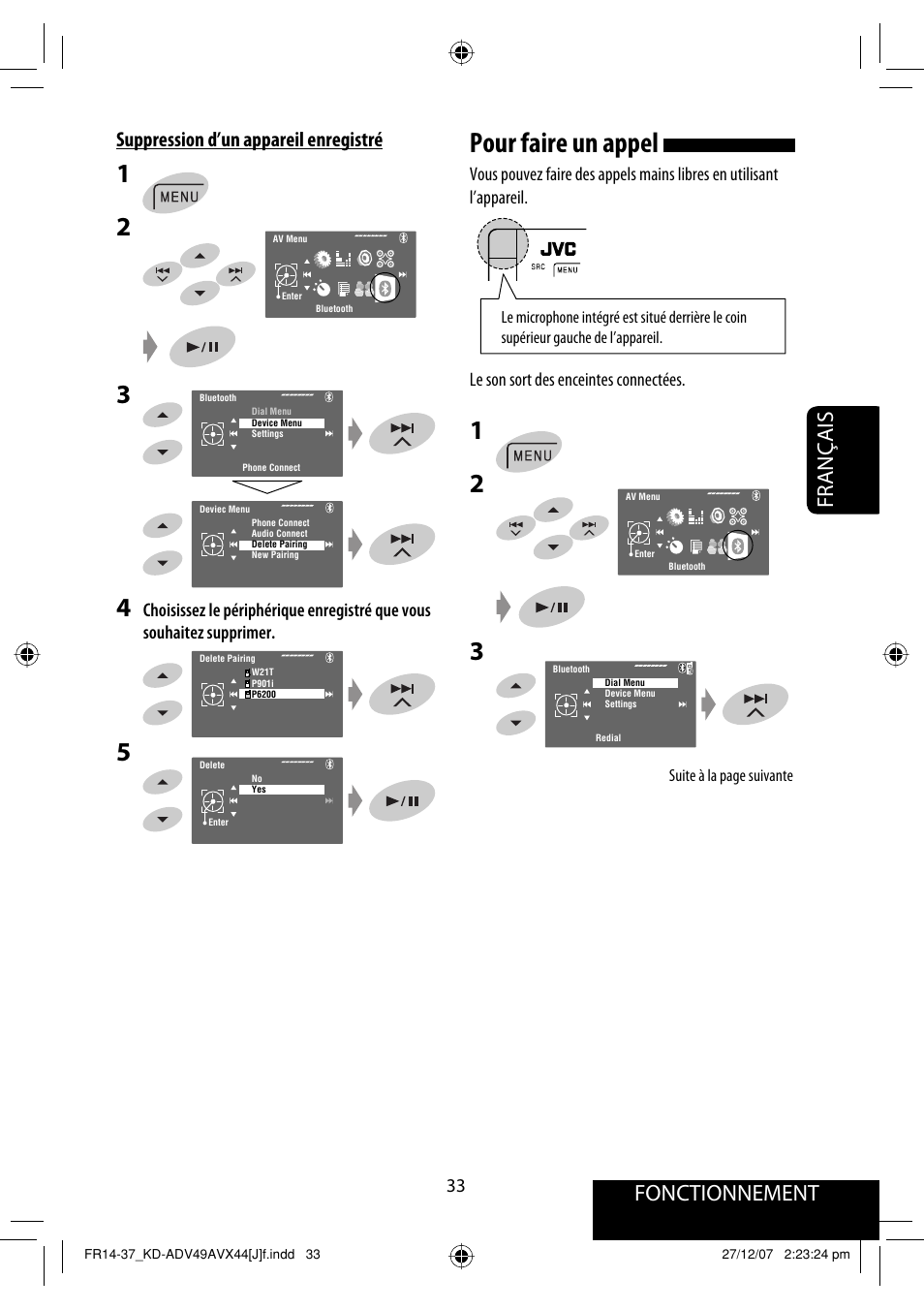 Pour faire un appel, Français fonctionnement, Suppression d’un appareil enregistré | JVC KD-ADV49 User Manual | Page 181 / 225