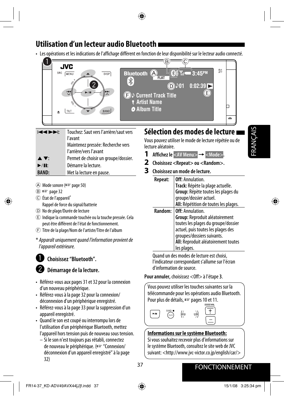 Utilisation d’un lecteur audio bluetooth, Sélection des modes de lecture, Français fonctionnement | JVC KD-ADV49 User Manual | Page 185 / 225