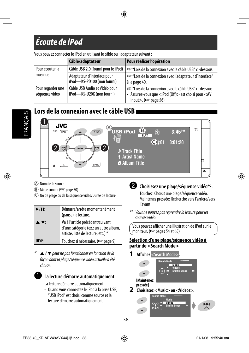 Écoute de ipod, Lors de la connexion avec le câble usb, Français | JVC KD-ADV49 User Manual | Page 186 / 225