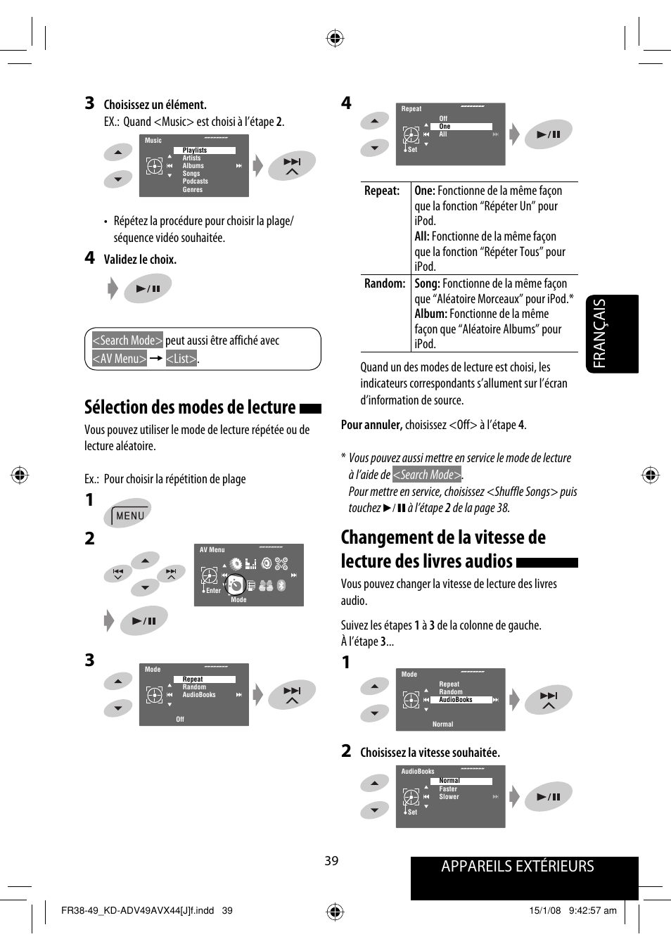 Sélection des modes de lecture, Appareils extérieurs, Français | JVC KD-ADV49 User Manual | Page 187 / 225
