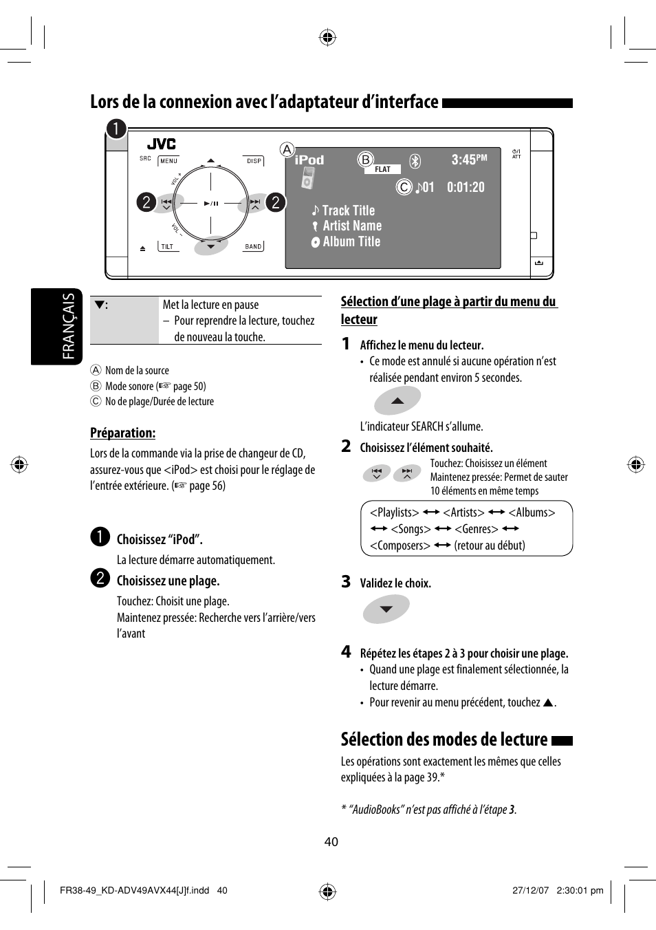 Sélection des modes de lecture, Lors de la connexion avec l’adaptateur d’interface | JVC KD-ADV49 User Manual | Page 188 / 225