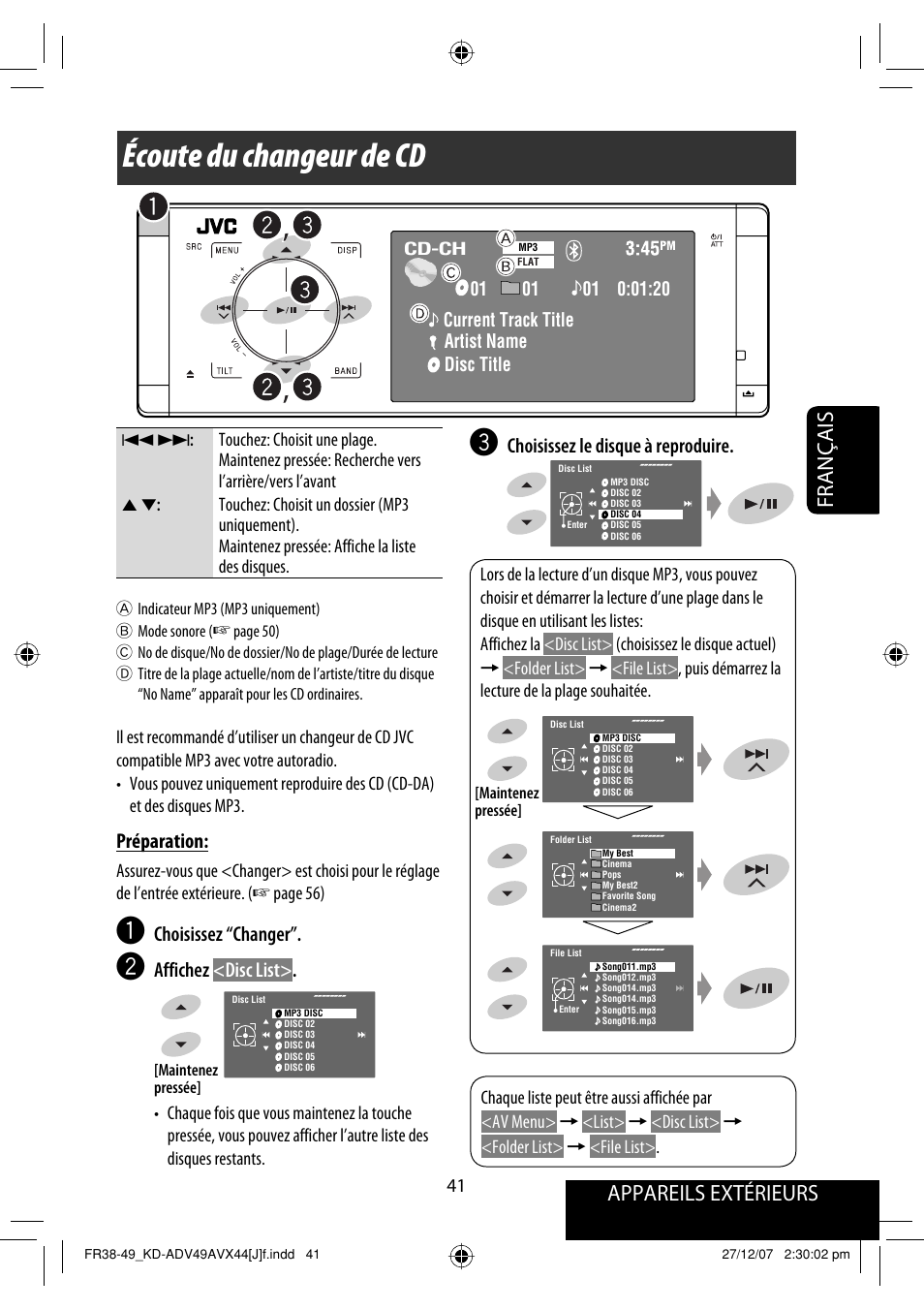 Écoute du changeur de cd, Appareils extérieurs, Français | Choisissez le disque à reproduire, Préparation, Choisissez “changer, Affichez <disc list | JVC KD-ADV49 User Manual | Page 189 / 225