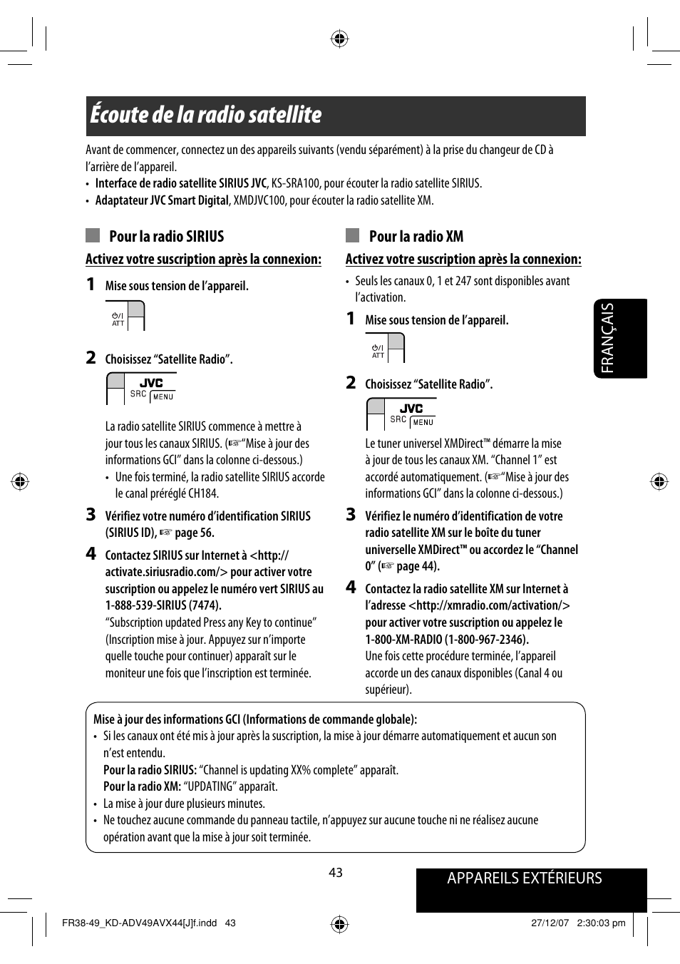 Écoute de la radio satellite | JVC KD-ADV49 User Manual | Page 191 / 225