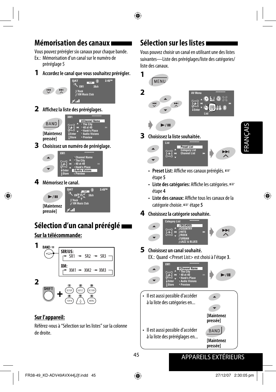 Sélection sur les listes, Mémorisation des canaux, Sélection d’un canal préréglé | Appareils extérieurs, Français, Sur la télécommande, Sur l’appareil, Choisissez la catégorie souhaitée, Accordez le canal que vous souhaitez prérégler, Affichez la liste des préréglages | JVC KD-ADV49 User Manual | Page 193 / 225