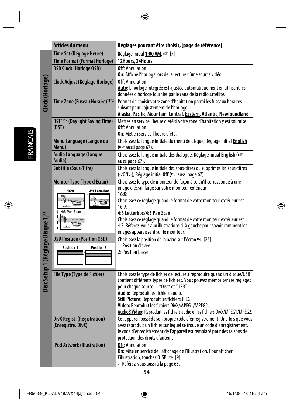 Français, Clock (horloge), Disc setup 1 (réglage disque 1) | JVC KD-ADV49 User Manual | Page 202 / 225