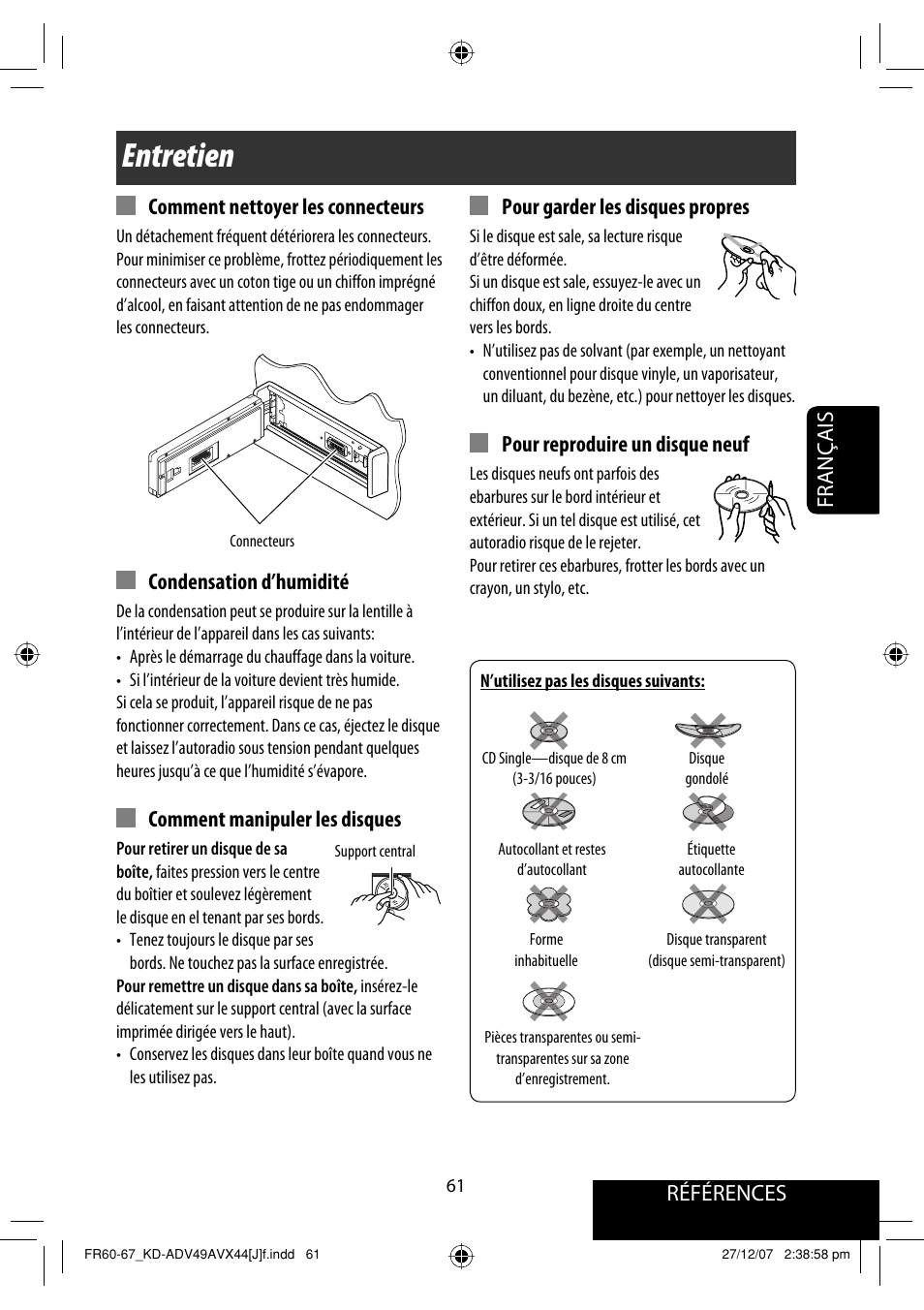 Entretien, Condensation d’humidité, Comment manipuler les disques | Pour garder les disques propres, Pour reproduire un disque neuf | JVC KD-ADV49 User Manual | Page 209 / 225