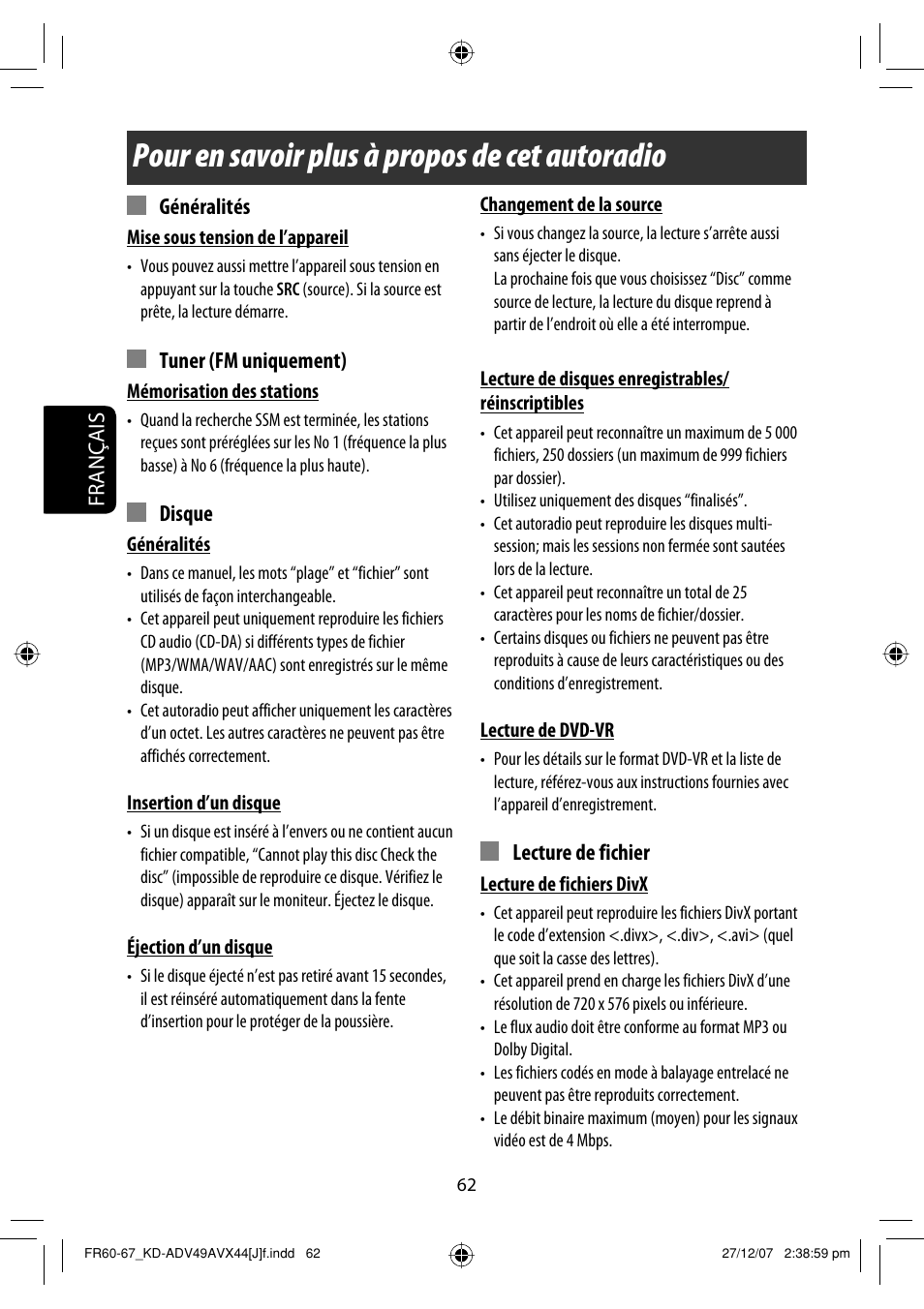 Pour en savoir plus à propos de cet autoradio, Français, Généralités | Tuner (fm uniquement), Disque, Lecture de fichier | JVC KD-ADV49 User Manual | Page 210 / 225