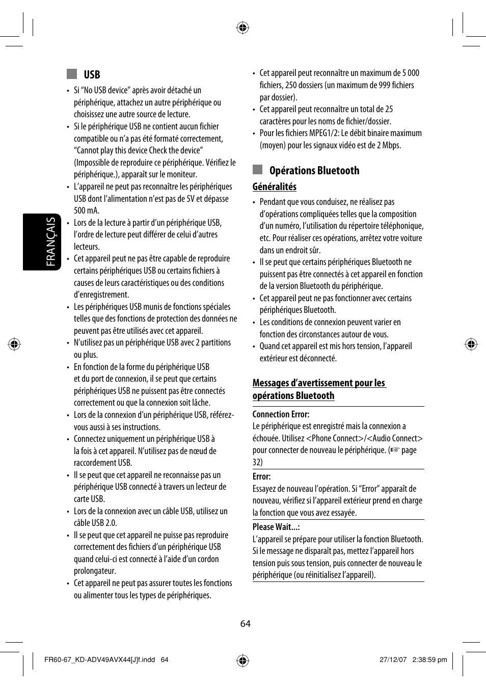 Français usb, Opérations bluetooth | JVC KD-ADV49 User Manual | Page 212 / 225