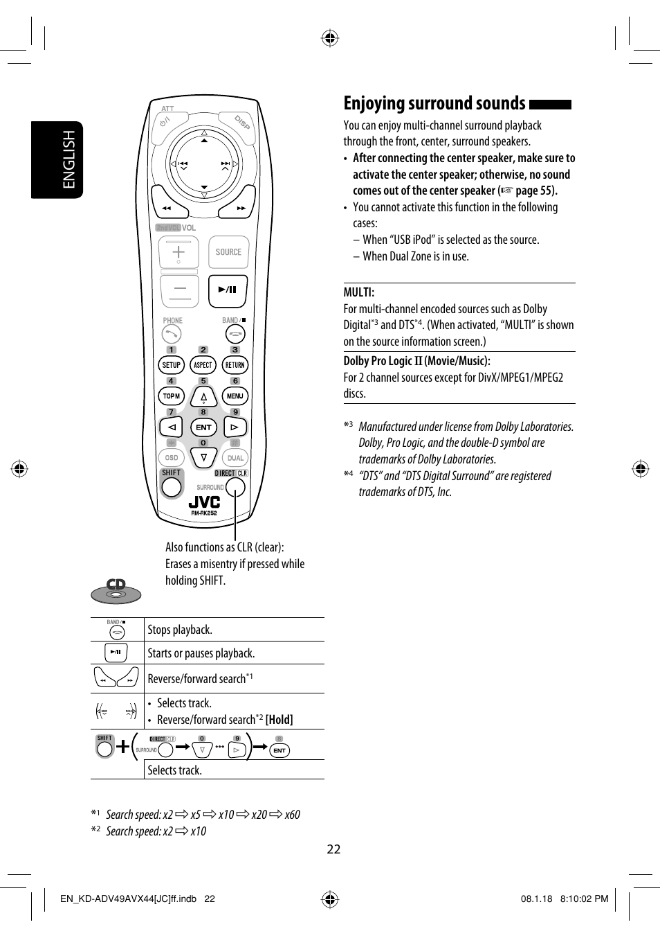 Enjoying surround sounds, English | JVC KD-ADV49 User Manual | Page 22 / 225