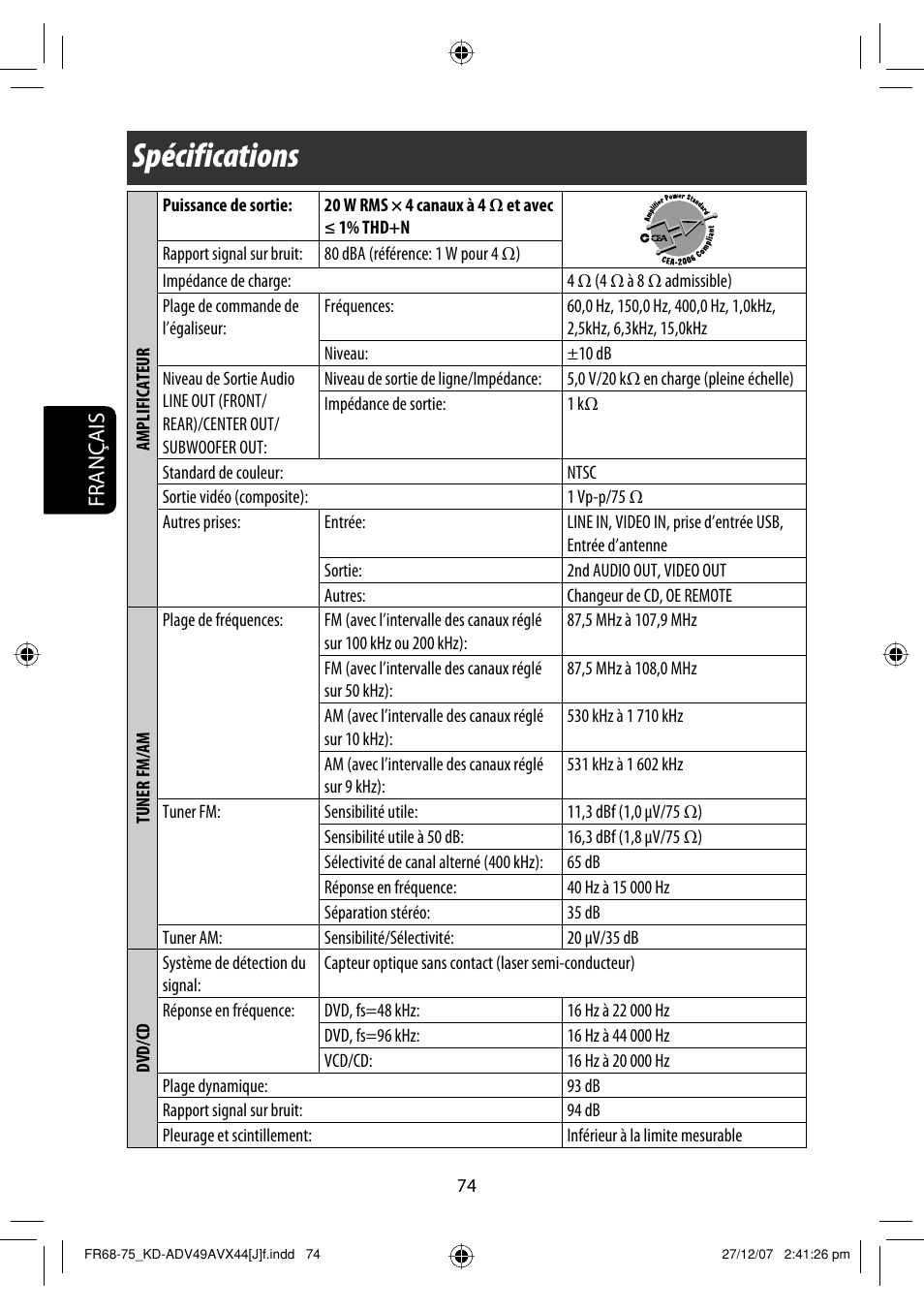 Spécifications, Français | JVC KD-ADV49 User Manual | Page 222 / 225