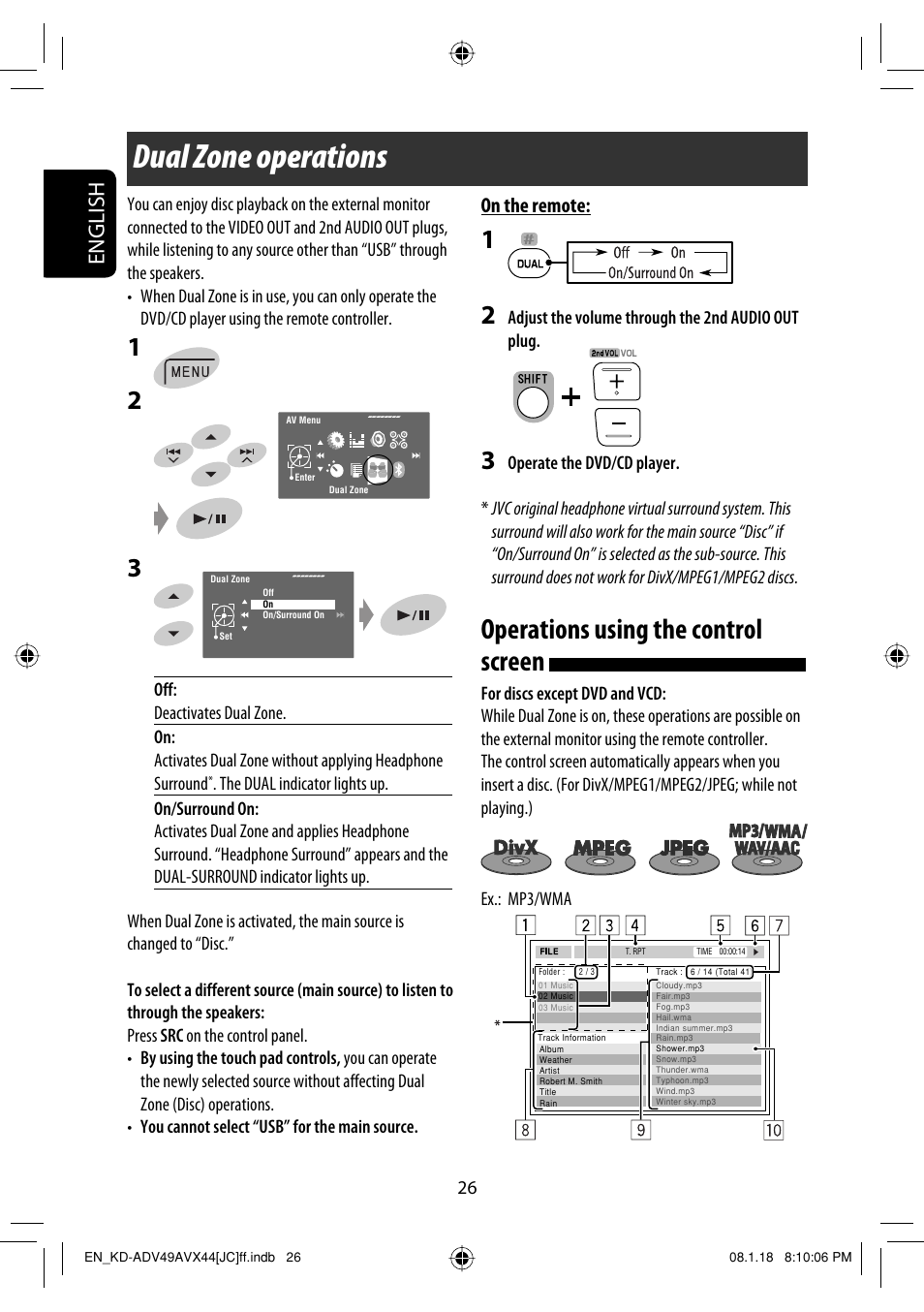 Dual zone operations, Operations using the control screen, English | On the remote | JVC KD-ADV49 User Manual | Page 26 / 225