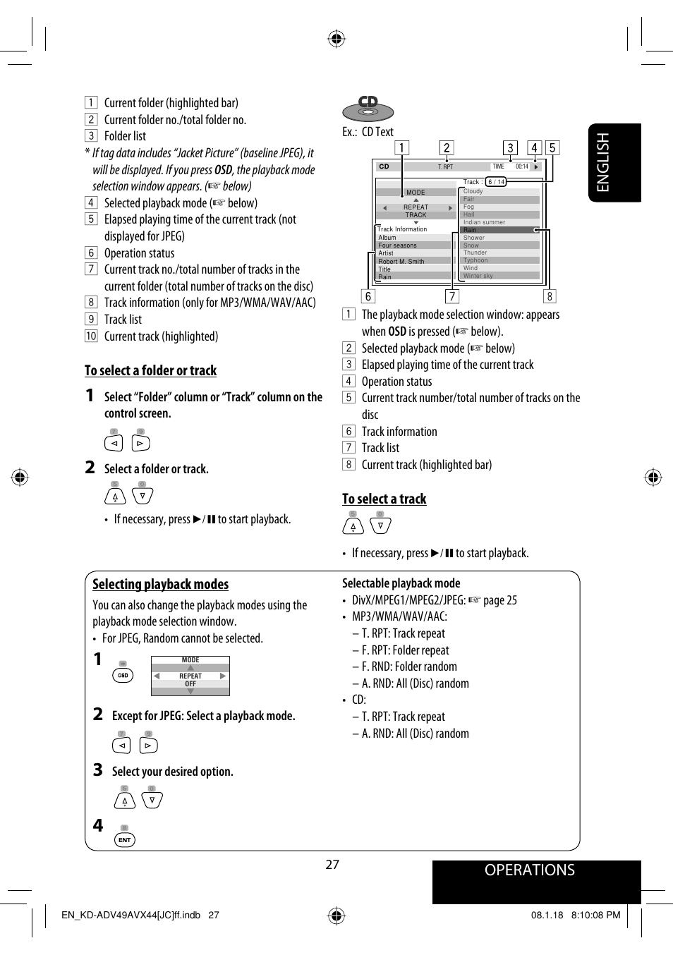 Operations, English, Selecting playback modes | JVC KD-ADV49 User Manual | Page 27 / 225