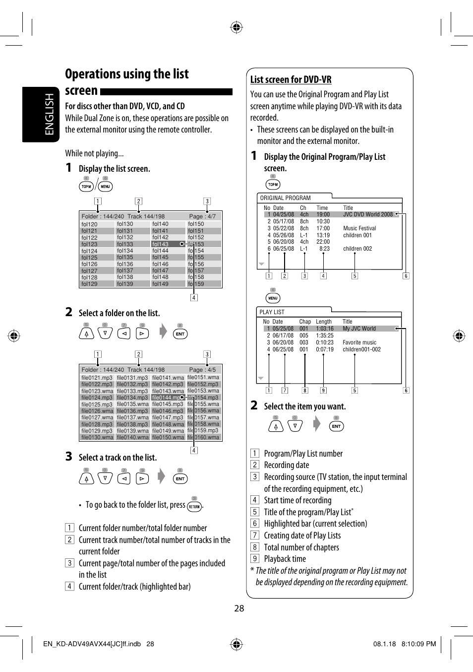 Operations using the list screen, English, List screen for dvd-vr | Display the list screen, Select a folder on the list, Display the original program/play list screen | JVC KD-ADV49 User Manual | Page 28 / 225