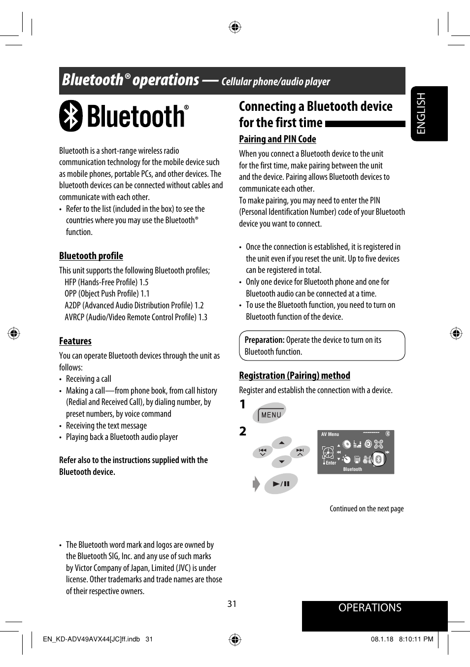 Bluetooth® operations, Connecting a bluetooth device for the first time, Operations | English, Cellular phone/audio player | JVC KD-ADV49 User Manual | Page 31 / 225