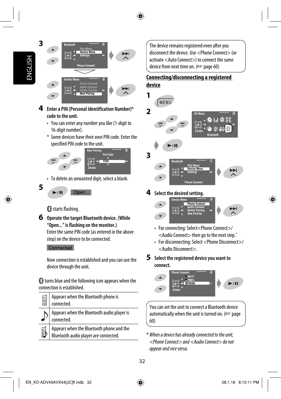 English, Connecting/disconnecting a registered device | JVC KD-ADV49 User Manual | Page 32 / 225