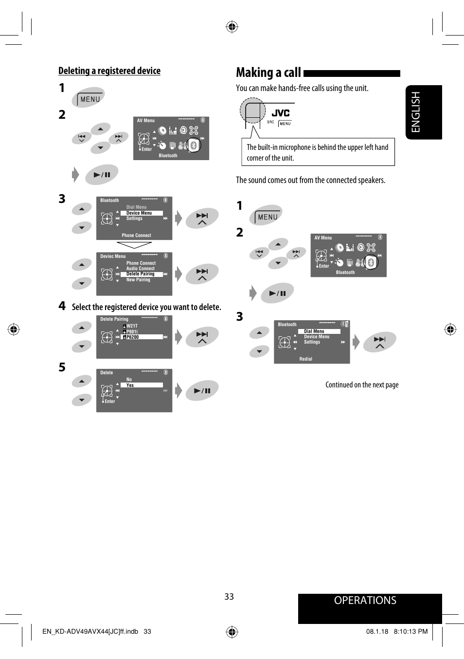 Making a call, Operations, English | Deleting a registered device, Select the registered device you want to delete | JVC KD-ADV49 User Manual | Page 33 / 225