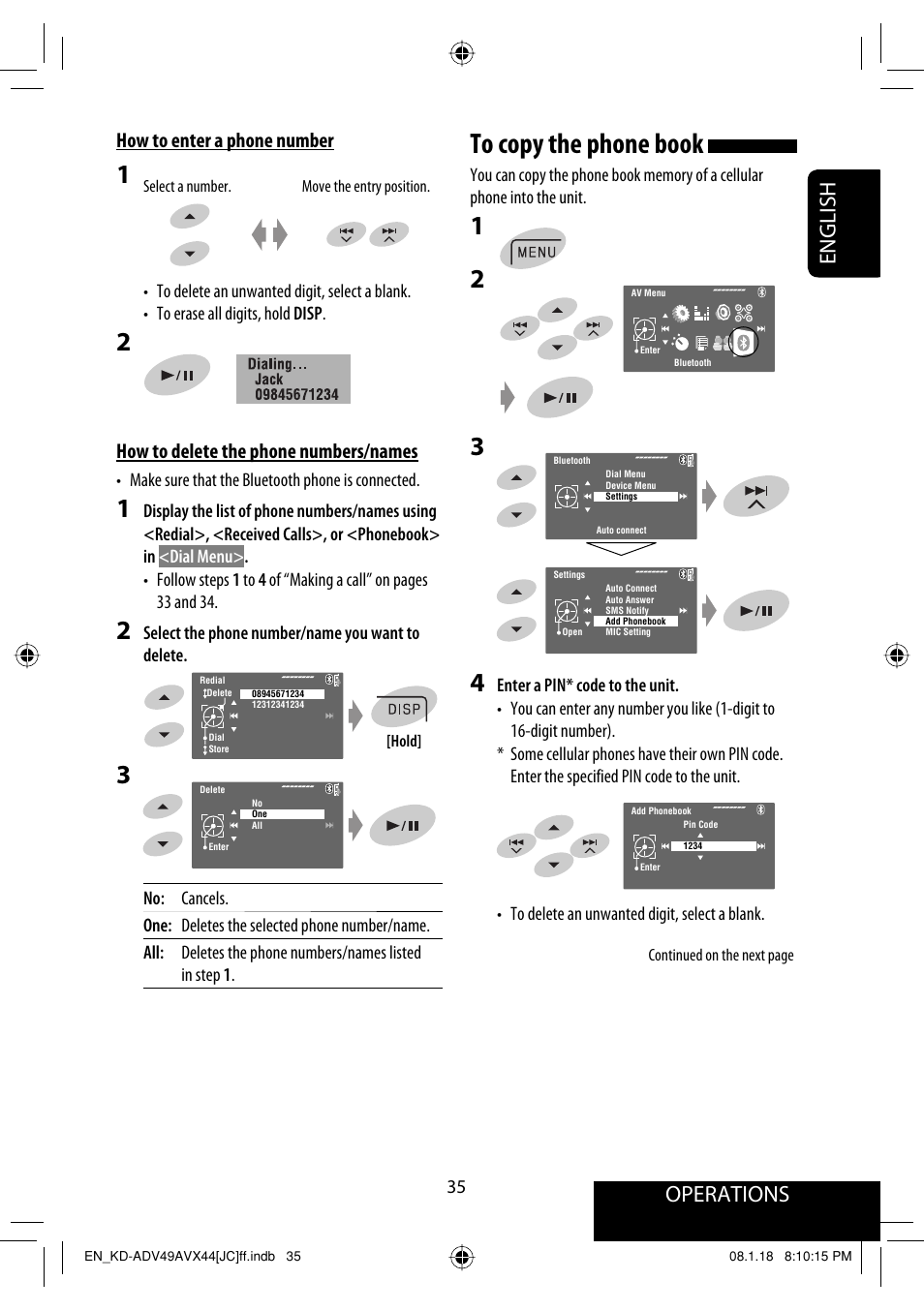 Operations, English, How to enter a phone number | How to delete the phone numbers/names | JVC KD-ADV49 User Manual | Page 35 / 225