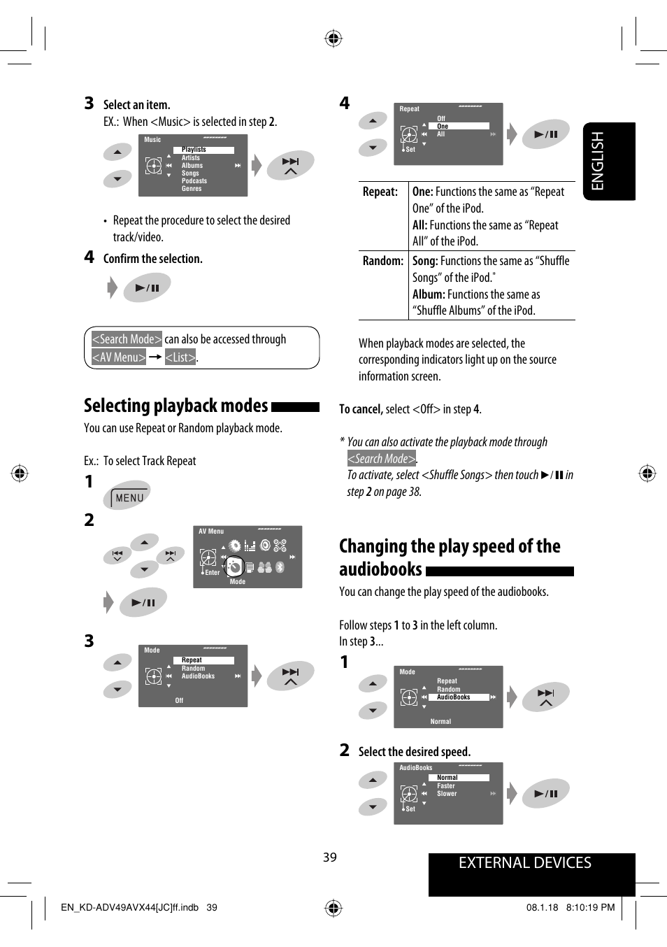 Changing the play speed of the audiobooks, Selecting playback modes, External devices english | JVC KD-ADV49 User Manual | Page 39 / 225