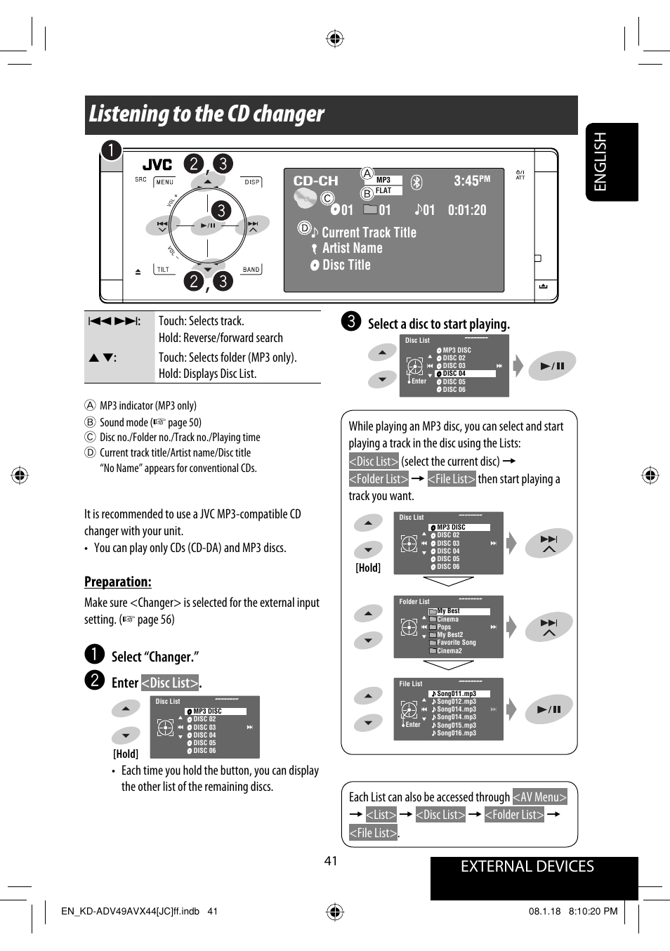 Listening to the cd changer, External devices english, Select a disc to start playing | Preparation, Select “changer, Enter <disc list | JVC KD-ADV49 User Manual | Page 41 / 225