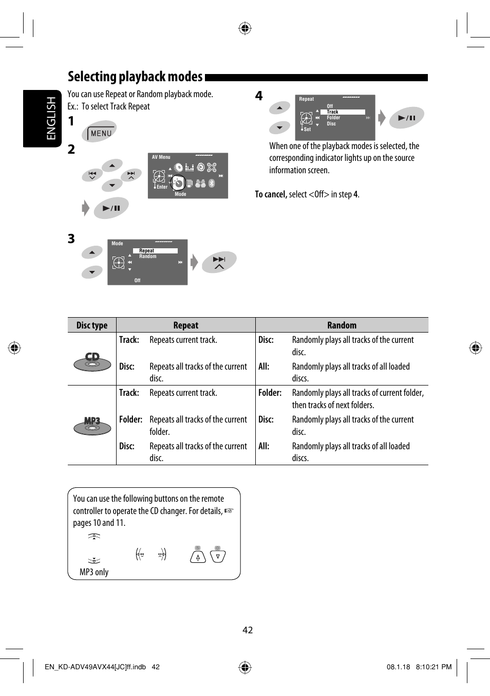 Selecting playback modes, English | JVC KD-ADV49 User Manual | Page 42 / 225