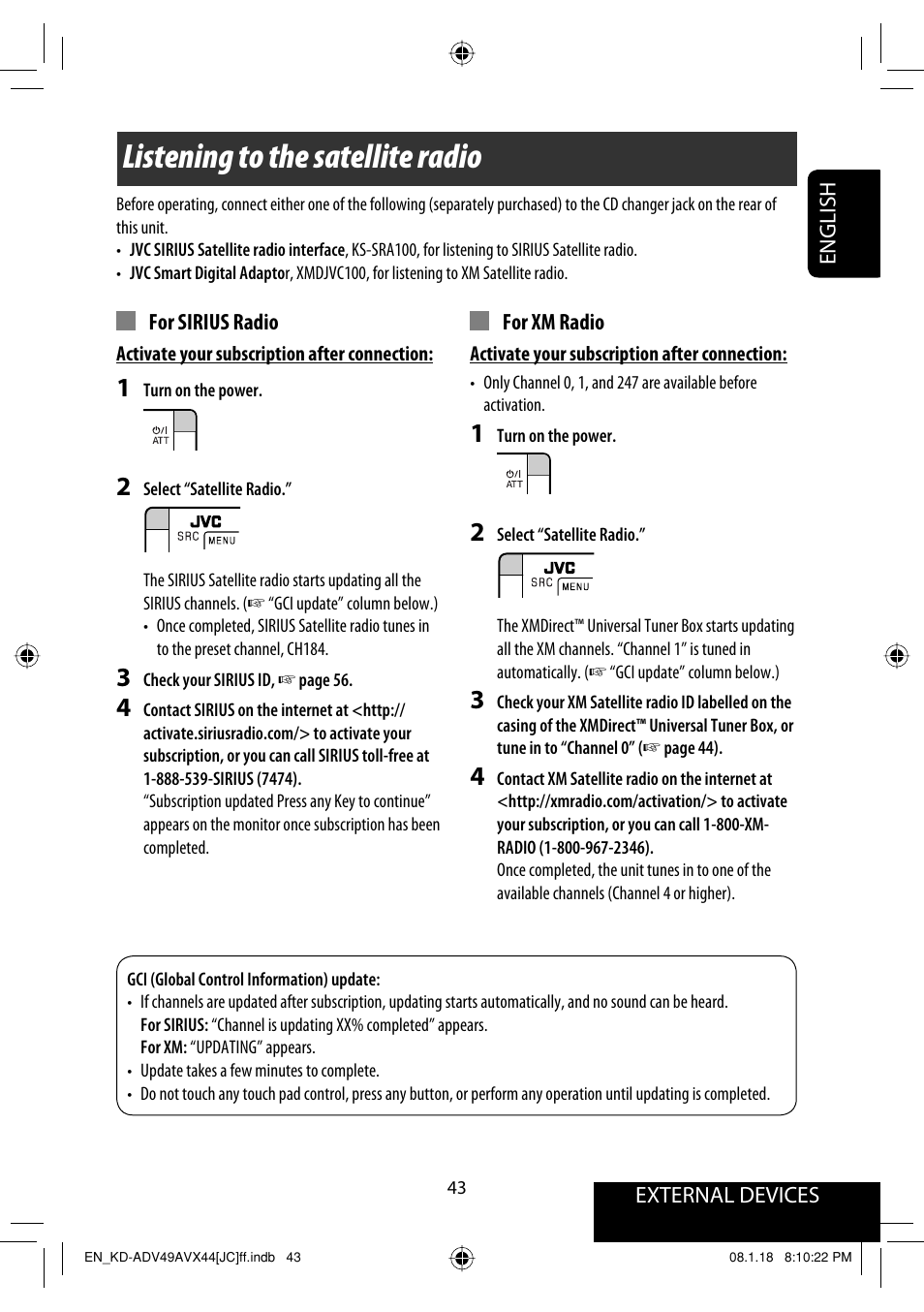 Listening to the satellite radio | JVC KD-ADV49 User Manual | Page 43 / 225