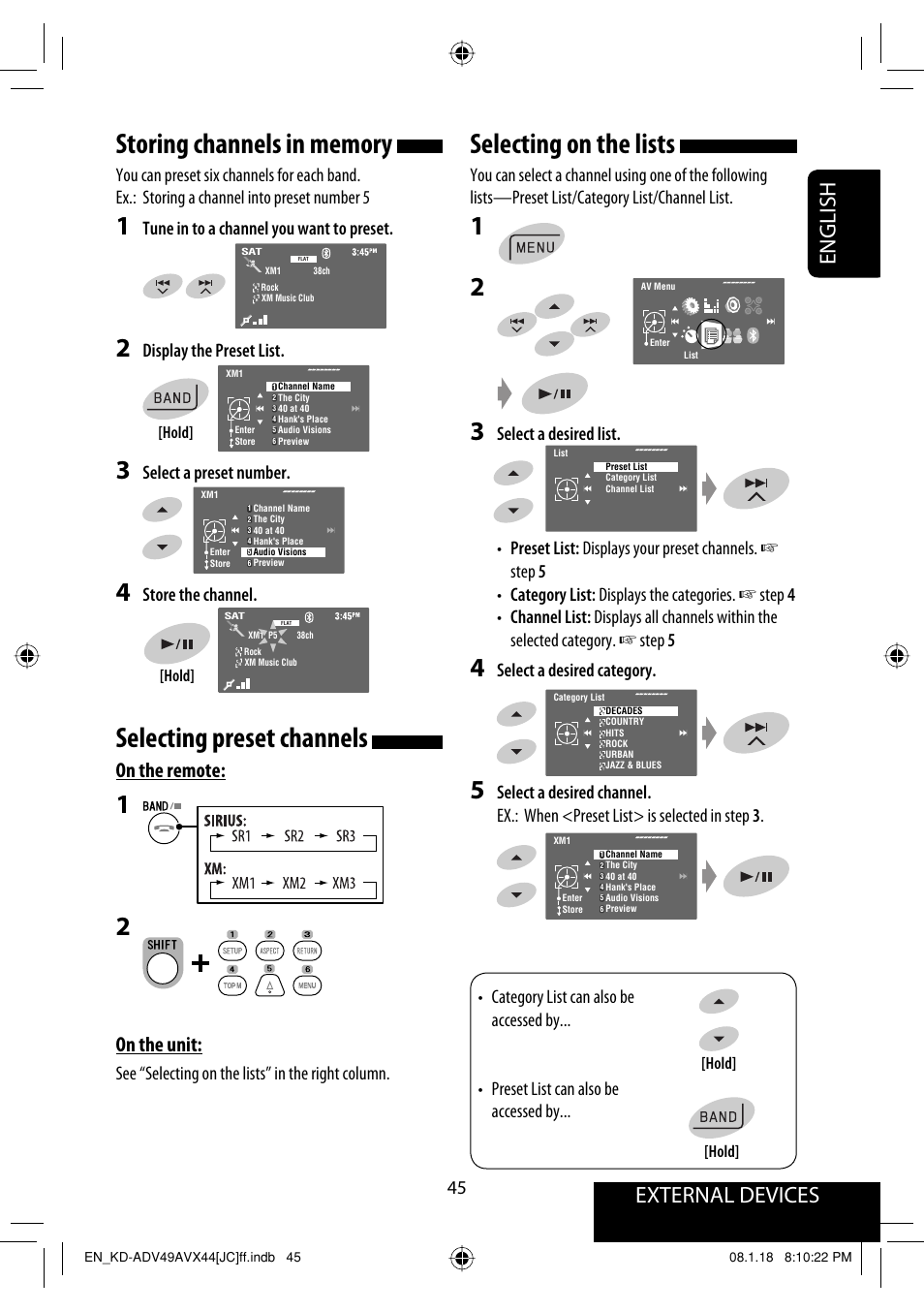 Selecting on the lists, Selecting preset channels, External devices english | On the remote, On the unit, Select a desired category, Tune in to a channel you want to preset, Display the preset list, Select a preset number, Store the channel | JVC KD-ADV49 User Manual | Page 45 / 225