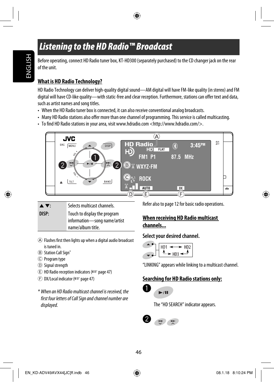 Listening to the hd radio™ broadcast, English | JVC KD-ADV49 User Manual | Page 46 / 225