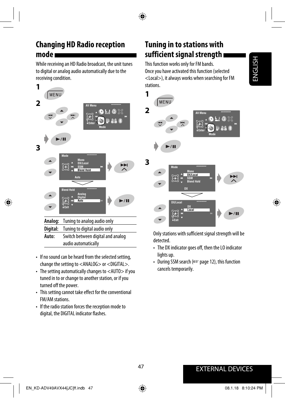 Changing hd radio reception mode, External devices english | JVC KD-ADV49 User Manual | Page 47 / 225